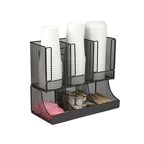 Mind Reader 6 Compartment Upright Breakroom Coffee Condiment and Cup Storage Organizer, Black Metal Mesh