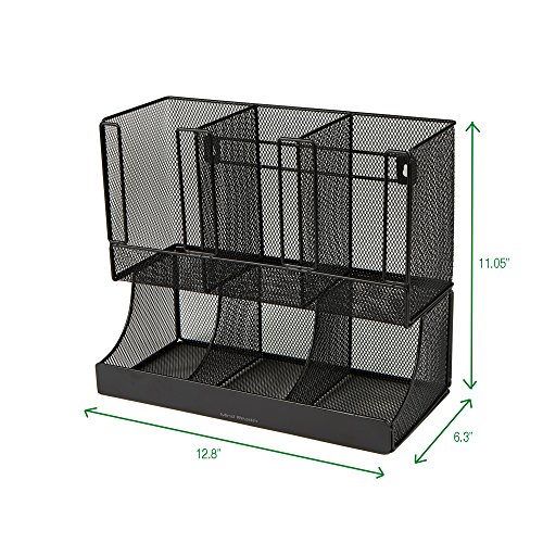 Mind Reader 6 Compartment Upright Breakroom Coffee Condiment and Cup Storage Organizer, Black Metal Mesh