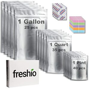freshio 10 mil extra thick resealable mylar bags for food storage – pack of 100 mylar bags with oxygen absorbers 300 cc & labels – 1 gallon (25 pcs) – 1 quart (35 pcs) – 1 pint (40 pcs).