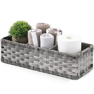 [larger compartments] toilet tank topper paper basket – multiuse hand woven plastic wicker basket with divider for organizing, rustic farmhouse bathroom decor, countertop organizer storage, grey