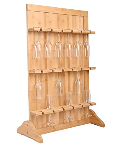 ikare Champagne Wall Holder for Party, 3-Tier Wooden Champagne Glass Flute Holder Wall Stand Rack, Wine Glass Holder Rack Floor Standing, 18 Glass Drinks Shelf, Champagne Tower Stand Wine Rack Display