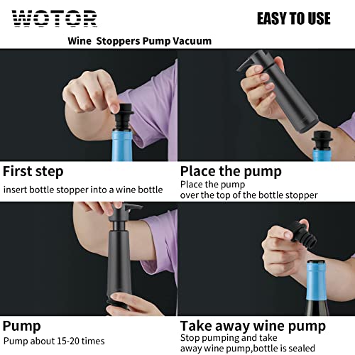 WOTOR Wine Saver with 4 Vacuum Stoppers, Wine Stopper, Wine Preserver, Reusable Bottle Sealer Keeps Wine Fresh, Ideal Wine Accessories Gift (Wine Pump + 4 stoppers)