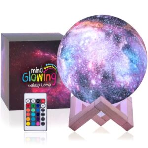 mind-glowing 3d galaxy moon lamp – cool night light for kids bedrooms – 16 colors, touch/remote control, wood stand – space birthday gift for any year old girls & boys, room decor for teens (4.7 inch)