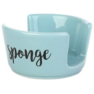 mygift 3 inch small modern aqua blue glazed ceramic sink sponge dish with black cursive lettering”sponge” label, kitchen dishwashing scrubber holder caddy