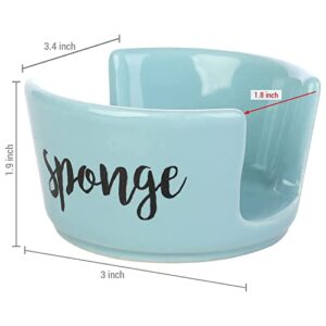 MyGift 3 Inch Small Modern Aqua Blue Glazed Ceramic Sink Sponge Dish with Black Cursive Lettering"Sponge" Label, Kitchen Dishwashing Scrubber Holder Caddy