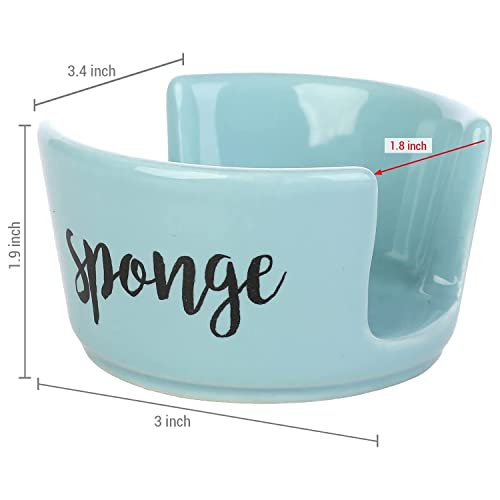 MyGift 3 Inch Small Modern Aqua Blue Glazed Ceramic Sink Sponge Dish with Black Cursive Lettering"Sponge" Label, Kitchen Dishwashing Scrubber Holder Caddy