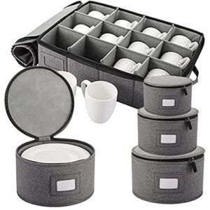 topzea set of 5 china storage containers, dinnerware storage containers hard shell stackable moving boxes protectors for dishes, cups, mugs and plates, felt plate dividers included, grey