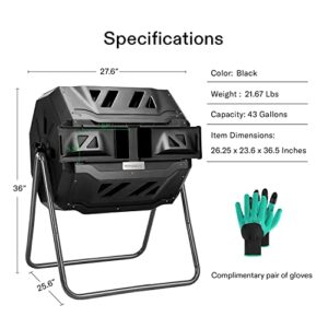 VIVOSUN Outdoor Tumbling Composter Dual Rotating Batch Compost Bin, 43 Gallon Black Door