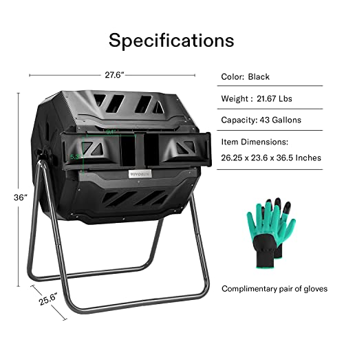 VIVOSUN Outdoor Tumbling Composter Dual Rotating Batch Compost Bin, 43 Gallon Black Door