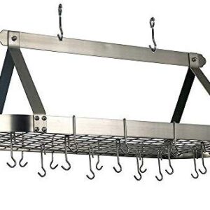 Old Dutch Oval Hanging Pot Rack with Grid & 24 Hooks, Satin Nickel, 48 x 19 x 15.5