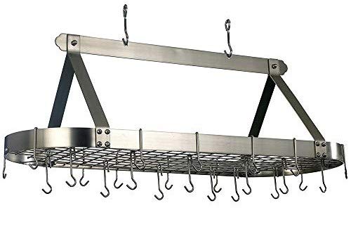 Old Dutch Oval Hanging Pot Rack with Grid & 24 Hooks, Satin Nickel, 48 x 19 x 15.5