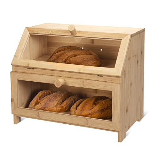 Bread Box Double Layer Bread Box for Kitchen Countertop Bamboo Bread Storage Container Bread Holder for 2 Large Loaves of Bread