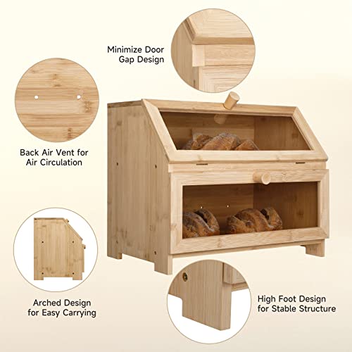 Bread Box Double Layer Bread Box for Kitchen Countertop Bamboo Bread Storage Container Bread Holder for 2 Large Loaves of Bread