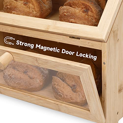 Bread Box Double Layer Bread Box for Kitchen Countertop Bamboo Bread Storage Container Bread Holder for 2 Large Loaves of Bread