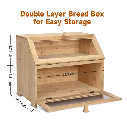 Bread Box Double Layer Bread Box for Kitchen Countertop Bamboo Bread Storage Container Bread Holder for 2 Large Loaves of Bread