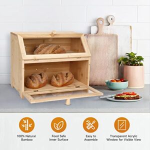 Bread Box Double Layer Bread Box for Kitchen Countertop Bamboo Bread Storage Container Bread Holder for 2 Large Loaves of Bread