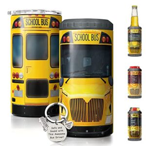 sandjest school bus driver tumbler – 4-in-1 design tumbler cup can cooler – 12oz stainless steel insulated cans coozie travel mug birthday, christmas, appreciation, teacher’s day gifts for teachers