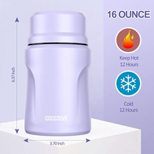 GOGOJOVE Thermoses for Hot Food,16 oz Insulated Lunch Containers Food Jar for Kids/Adult Leak Proof Vacuum Stainless Steel Keep Hot/Cold for School Office Travel Outdoors Light Purple