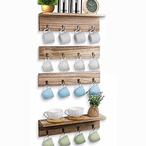 TRSPCWR Coffee Mug Rack with Storage Shelf, Rustic Wood Coffee Mug Holder Wall Mounted with 16 Hooks, Coffee Cup Holder for Mugs Tea Cups Display and Organizer, Set of 4