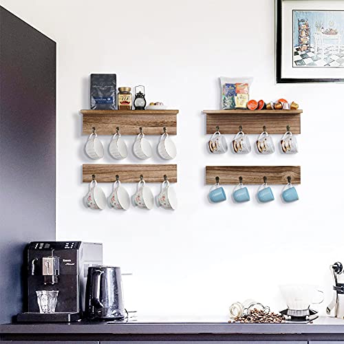 TRSPCWR Coffee Mug Rack with Storage Shelf, Rustic Wood Coffee Mug Holder Wall Mounted with 16 Hooks, Coffee Cup Holder for Mugs Tea Cups Display and Organizer, Set of 4