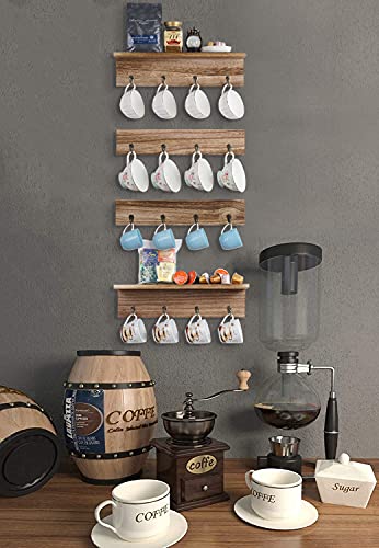 TRSPCWR Coffee Mug Rack with Storage Shelf, Rustic Wood Coffee Mug Holder Wall Mounted with 16 Hooks, Coffee Cup Holder for Mugs Tea Cups Display and Organizer, Set of 4
