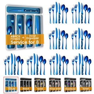 blue silverware set with drawer organizer, 48 pieces flatware set for 8, stainless steel cutlery with tray, kitchen utensil tableware for home restaurant hotel kitware forks knifes spoons