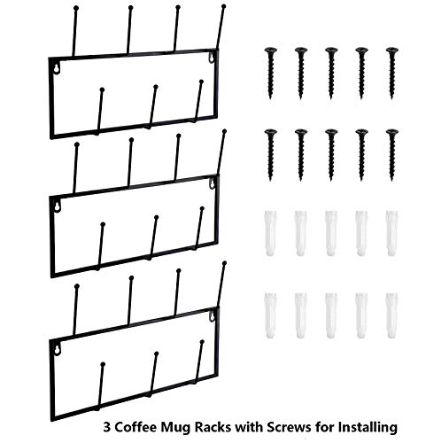 Jucoan 3 Pack Metal Coffee Mug Rack, Wall Mounted Coffee Mug Holder Cup Organizer Hanging Rack with Total 21 Cup Hangers for Home Kitchen Coffee Bar