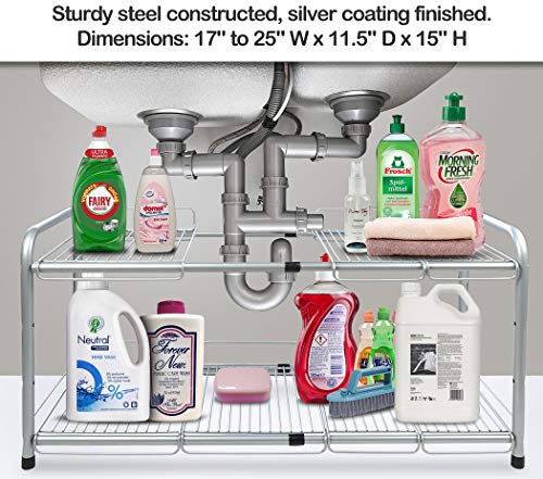 Surpahs 2 Tier Under Sink Expandable Shelf Organizer, Storage Rack (Silver)