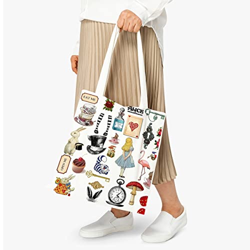 Alice in Wonderland Canvas Tote Bag Funny Cotton Reusable Tote Shoulder Bag Present for Friends Fans Women Men