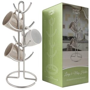 MARTINO CLUB Large 8 Holder, Mug Tree, Mugs & Tea Cup Storage Rack, Coffee Counter Bar Accessory & Kitchen Countertop Organizer, Chrome. Gift Box