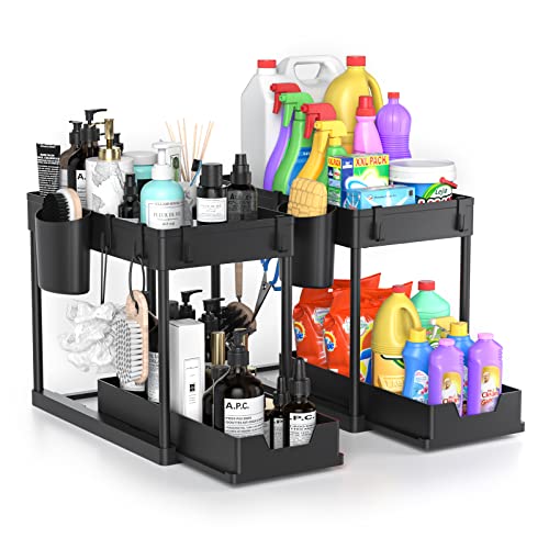 2 Pack Under Sink Organizers and Storage - Multi-Purpose 2 Tier Under Sink Organizer, with Pull Out Sliding Drawer,Hooks,Hanging Cup for Kitchen,Bathroom Cabinet Organizer,etc - Black