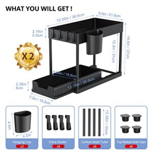 2 Pack Under Sink Organizers and Storage - Multi-Purpose 2 Tier Under Sink Organizer, with Pull Out Sliding Drawer,Hooks,Hanging Cup for Kitchen,Bathroom Cabinet Organizer,etc - Black