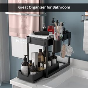 2 Pack Under Sink Organizers and Storage - Multi-Purpose 2 Tier Under Sink Organizer, with Pull Out Sliding Drawer,Hooks,Hanging Cup for Kitchen,Bathroom Cabinet Organizer,etc - Black