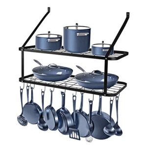 rottogoon wall mounted pots and pans rack, 2 tier pot and pan organizer 30 inch wall pot rack with 12 hooks kitchen rack organizer