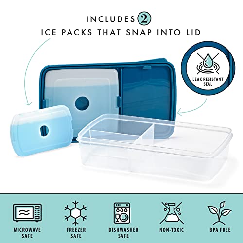 LOTG by Fit + Fresh Bento Box Kit, Three-Compartment Lunch Container Includes 2 Slim Ice Packs, Reusable & Leak-Resistant, Perfect for Insulated Lunch Bag, Lunch Box & More, Navy