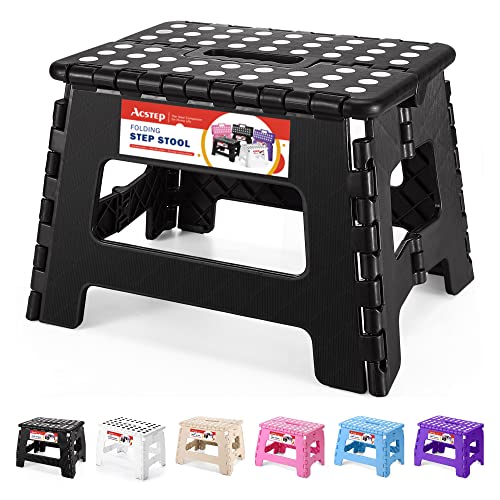 ACSTEP Folding Step Stool 9'' Tall Kids Step Stool Holds Up to 300 lb Plastic Foldable Step Stools for Kids Non-Slip Surface with Carry Handle Collapsible Stool for Home and Outdoor(Black)