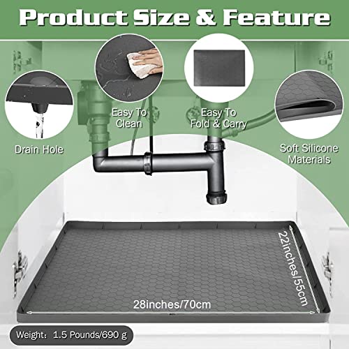 Under Sink Mat for Kitchen, 28" x 22" Silicone Waterproof Moistureproof Shelf Liners Under Sink Liner with Drain Hole, Organizers Fits 30'' Base Cabinets Kitchen Bathroom Cat Litter Box Mat Gate Mat