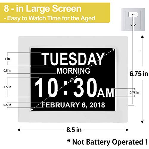 JALL 【Upgraded】 Digital Calendar Alarm Day Clock - with 8" Large Screen Display, am pm, 5 Alarm, for Extra Large Impaired Vision People, The Aged Seniors, The Dementia, for Desk, Wall Mounted, White