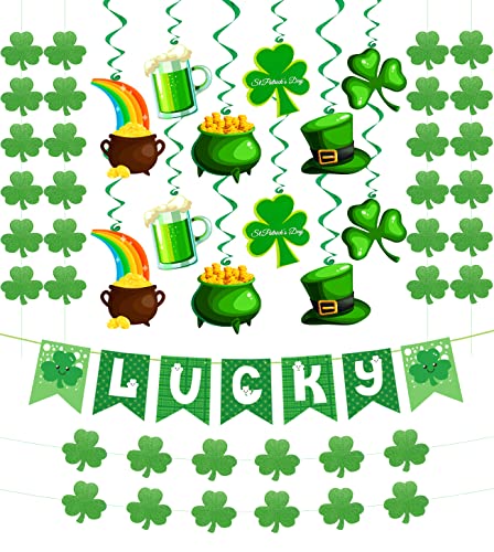 31Pcs St Patricks Day Decorations Pre-assembled Shamrock LUCKY Banner Garlands Clover Hanging Swirls Irish Decor for Home Saint Patrick Party Supplies