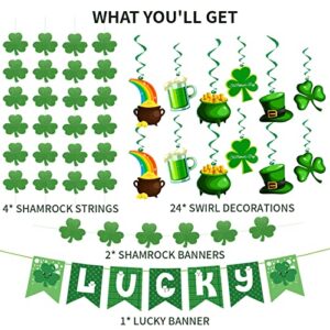 31Pcs St Patricks Day Decorations Pre-assembled Shamrock LUCKY Banner Garlands Clover Hanging Swirls Irish Decor for Home Saint Patrick Party Supplies