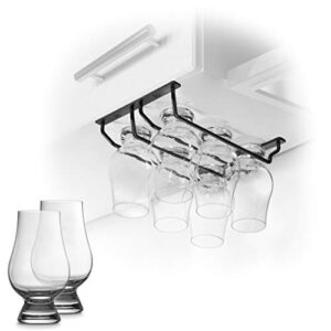 cairncradle whiskey glass rack – under cabinet whisky tasting glasses holder storage hanger metal organizer for bar kitchen (2 across x 3 deep, matte black)