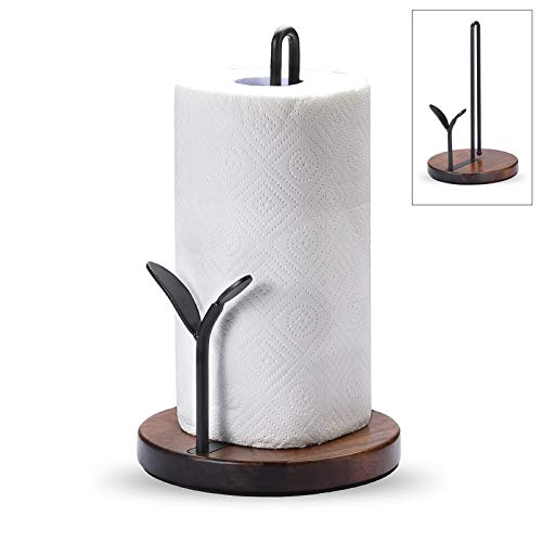 Standing Paper Towel Holder, Kitchen Paper Hanger Rack, Simply Tear Wooden Paper Towel Organizer Roll Dispenser for Cabinet Countertop Dining Room Table, Black