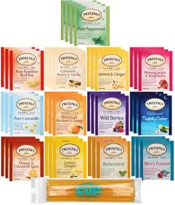 by the cup twinings herbal tea bags, pure peppermint, camomile, rooibos red, honeybush mandarin orange, plus 9 more flavors – with bytc honey sticks, 40 individually wrapped tea bags