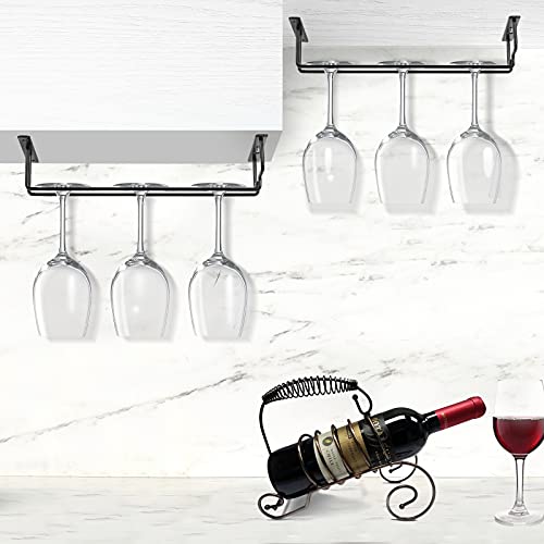 SODUKU Hanging Wine Glass Racks Under Cabinet, 11.8'' Black Stemware Racking Holder for Bar Kitchen Cupboard Shelves, Set of 2