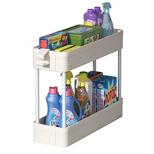 Boeeoan Under Sink Organizers Storage Rack,2 Tier Bathroom Under Sink Shelf Basket with Hooks, Under Kitchen Sink Shelf Multi-purpose, White