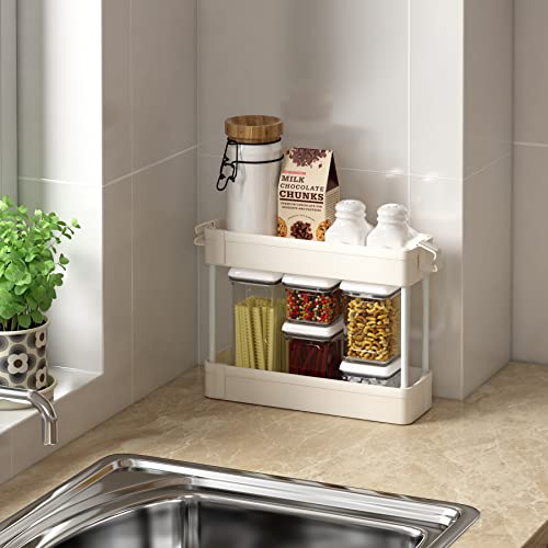 Boeeoan Under Sink Organizers Storage Rack,2 Tier Bathroom Under Sink Shelf Basket with Hooks, Under Kitchen Sink Shelf Multi-purpose, White