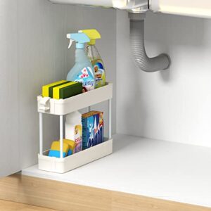 Boeeoan Under Sink Organizers Storage Rack,2 Tier Bathroom Under Sink Shelf Basket with Hooks, Under Kitchen Sink Shelf Multi-purpose, White