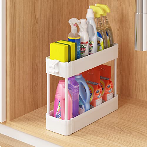 Boeeoan Under Sink Organizers Storage Rack,2 Tier Bathroom Under Sink Shelf Basket with Hooks, Under Kitchen Sink Shelf Multi-purpose, White