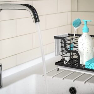 Kitchen Sink Caddy Sponge Holder 304 Stainless Steel Sink Caddy with Drip Tray for Sponge, Brushes, Soap, Dish Rag, Black