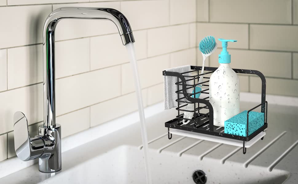 Kitchen Sink Caddy Sponge Holder 304 Stainless Steel Sink Caddy with Drip Tray for Sponge, Brushes, Soap, Dish Rag, Black